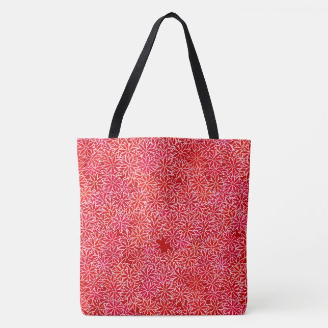 Bolsa Tote Flores vermelhas e corais, fundo vermelho-escuro (Frente)