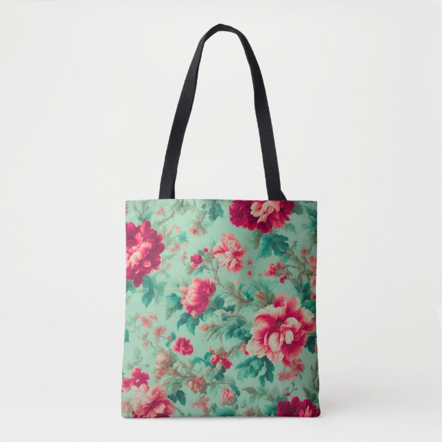 Bolsa Tote Flores Vermelhas e Folhas Verdes Extremas (Frente)