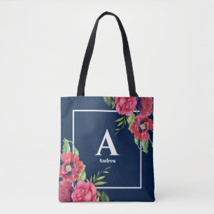 Bolsa Tote Flores Vermelhas e Rosa Monograma Azul Marinho Esc