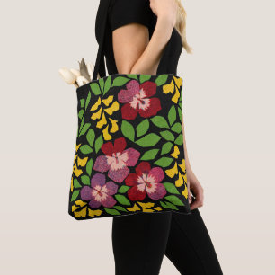 Bolsa Tote Flores Vermelhas Escuras, Roxas, Verdes e Amarelas