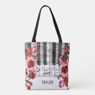 Bolsa Tote flores vermelhas notas musicais piano