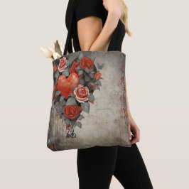 BOLSA TOTE FLORES VERMELHOS E CORAÇÕES DO NAMORADOS DISTRESSA