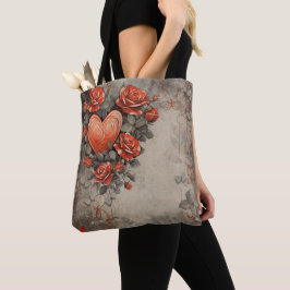 BOLSA TOTE FLORES VERMELHOS E CORAÇÕES DO NAMORADOS DISTRESSA