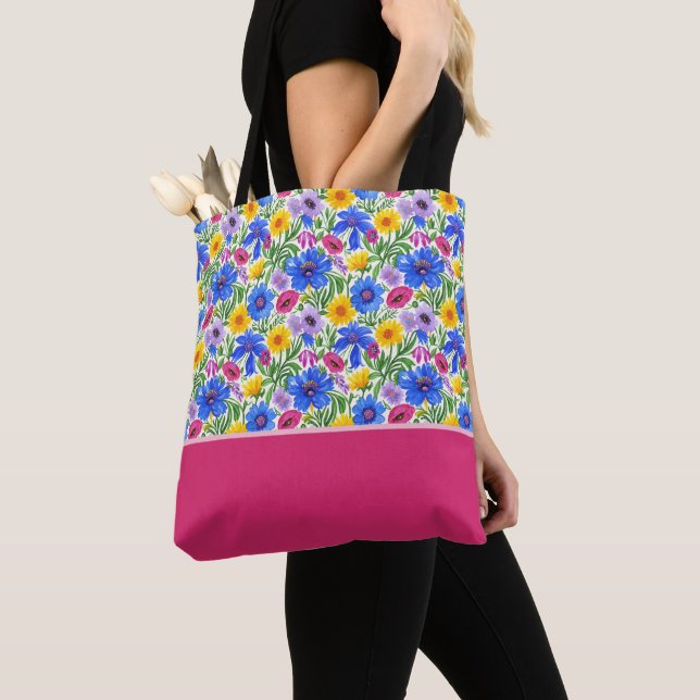 Bolsa Tote Flores Vibrantes Azul Amarelo Vermelho Roxo Bloco  (Close Up)