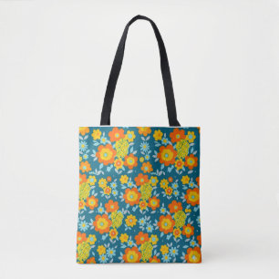 Bolsa Tote Flores Vibrantes Laranja e Amarelo em Azul Turques