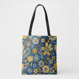 Bolsa Tote Flores Vintage Design Hippie Retro Amarelo Azul
