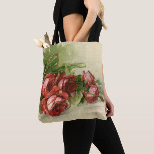 Bolsa Tote Flores Vitorianas Antigas, Rosas Vermelhas