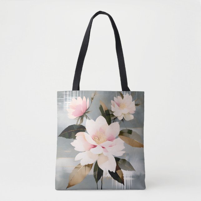 Bolsa Tote Flores Wabi-Sabi Rosa e Branco Abstratas (Frente)