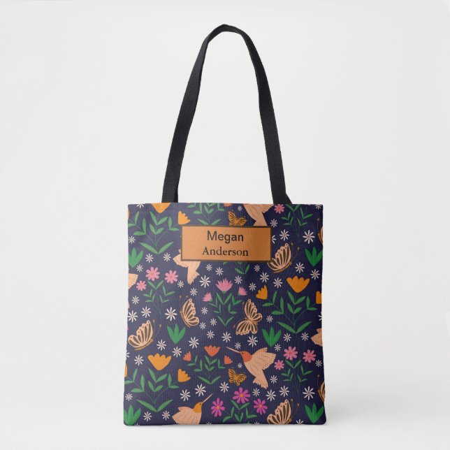 Bolsa Tote Flores Whimsical Aves e Monograma das borboletas (Frente)