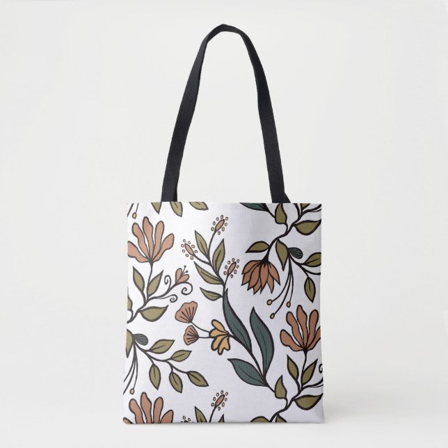 Bolsa Tote Flores Whimsical e Buquê de Folhas (Frente)