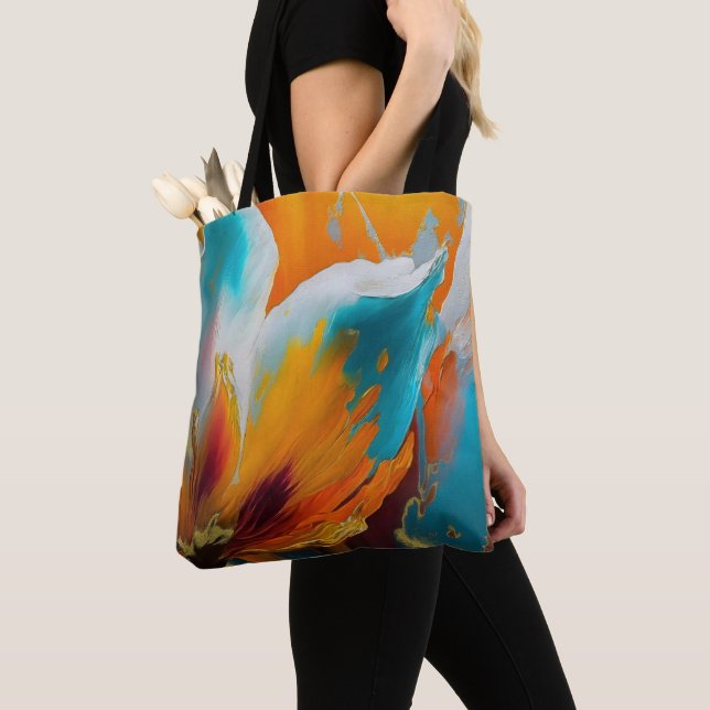 Bolsa Tote Florescer em Laranja e Azul Turquesa (Close Up)