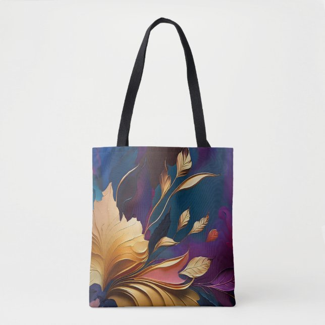 Bolsa Tote Florescimento Dourado – Composição Floral Abstrata (Frente)