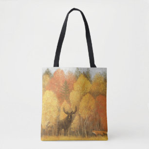 Bolsa Tote Floresta de outono, cervo digital e raposa.