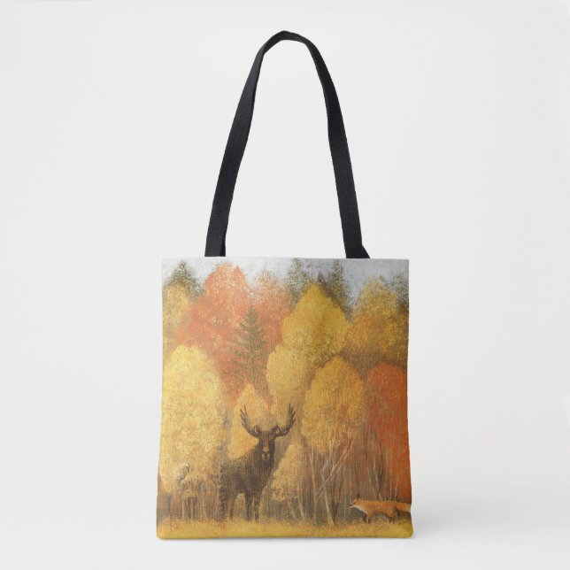 Bolsa Tote Floresta de outono, cervo digital e raposa. (Frente)