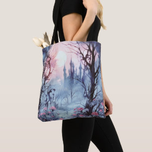 Bolsa Tote Floresta Má Cheia Azul-Lua e Halloween Rosa