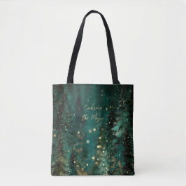 Bolsa Tote Floresta Mágica Verde Turquesa com Bokeh Dourado