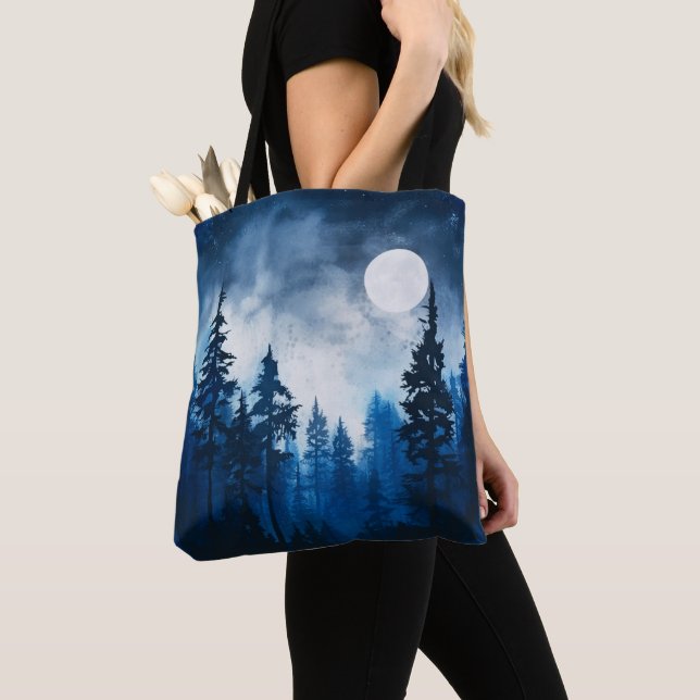Bolsa Tote Floresta Spooky, Azul-Lua e Halloween Branco (Close Up)