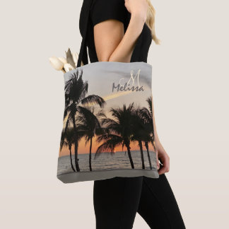 Bolsa Tote Flórida Sunset Palm Tree Ocean Nome do Monograma