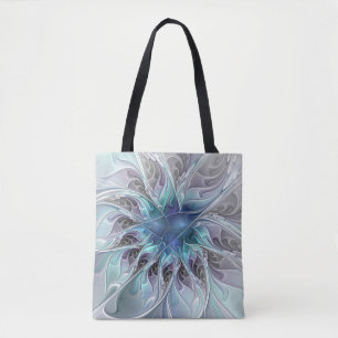 Bolsa Tote Flourar Abstrato Moderno Flor Fractal Com Azul