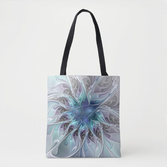 Bolsa Tote Flourar Abstrato Moderno Flor Fractal Com Azul (Frente)