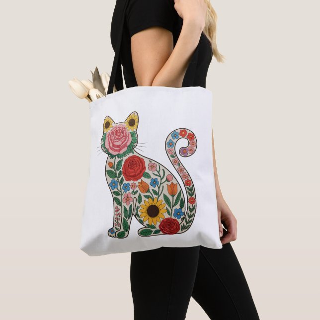 Bolsa Tote Flower Cat Wildflowers Kitten Lover (Close Up)