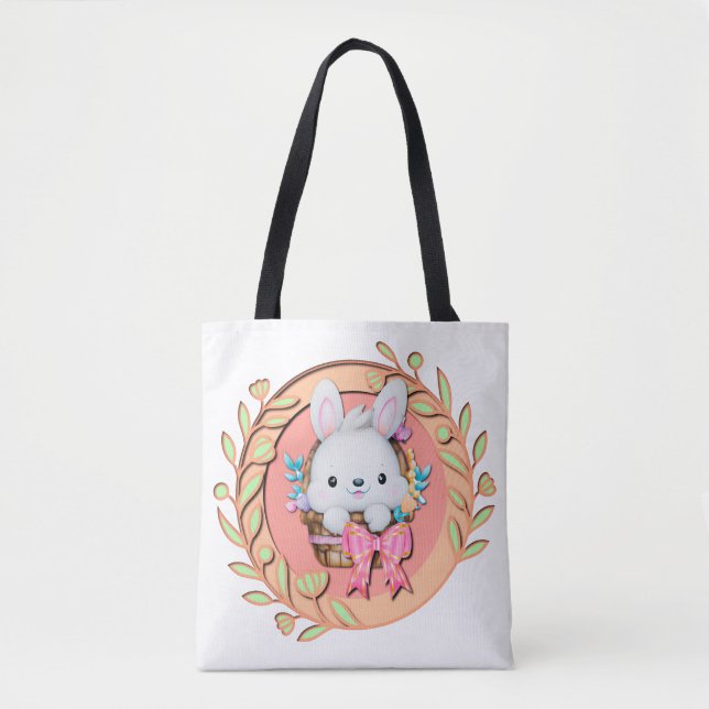 Bolsa Tote Fluffy Bunny Sentado na Páscoa 3D (Frente)