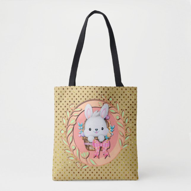 Bolsa Tote Fluffy Bunny Sentado no soquete 3D da Páscoa (Frente)