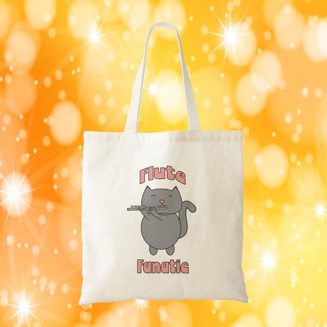 Bolsa Tote Flute-Playing Gray Cat – Funny Musician Gift  (A tote bag with a cute flute playing gray cat and the words Flute Fanatic in pink.)