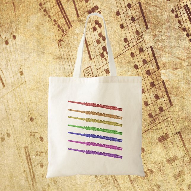 Bolsa Tote Flutes Colorida Arco-Íris (A tote bag with a colorful design of flutes in red, orange, yellow, green, blue, purple and pink!)