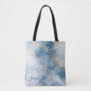 Bolsa Tote Fluxo Abstrato Brilhante Azul Dourado Elegante