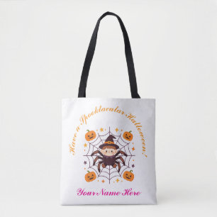 Bolsa Tote Fofa Aranha de Halloween Bruxa Nome Personalizado