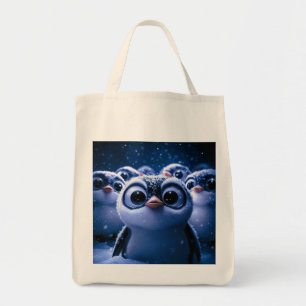 Bolsa Tote Fofa Família de Pinguins Noite de Inverno Nevada