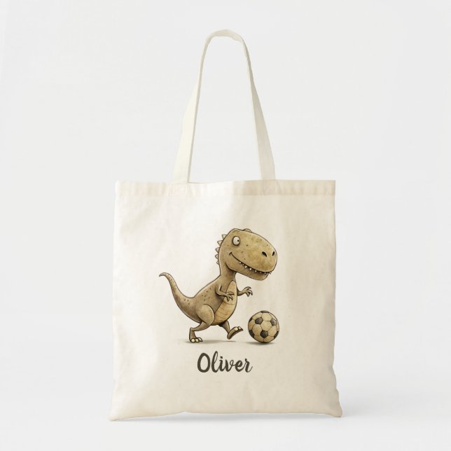 Bolsa Tote Fofa T-Rex Pequeno Jogando Futebol (Frente)