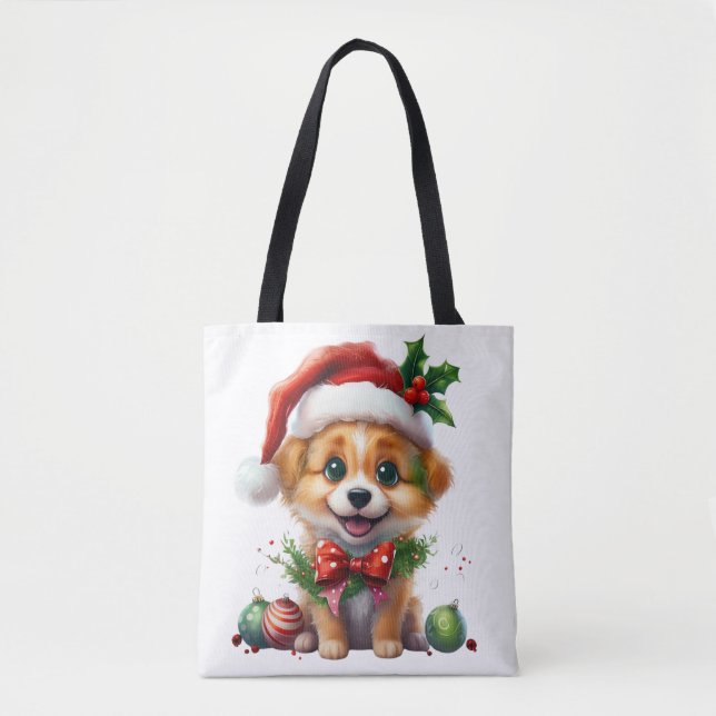 Bolsa Tote Fofo de Natal bonito com Papai Noel e Arco (Frente)