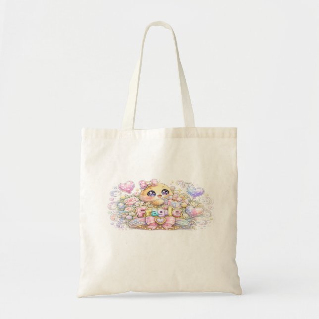 Bolsa Tote Fofo Kawaii Frágil Manuseie Com Cuidado Gato Paste (Frente)