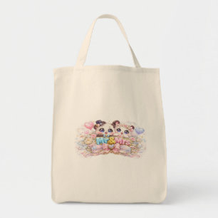 Bolsa Tote Fofo Kawaii Senhor e Senhora Casal Panda Rosa Past