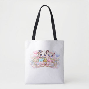 Bolsa Tote Fofo Kawaii Senhor e Senhora Casal Panda Rosa Past