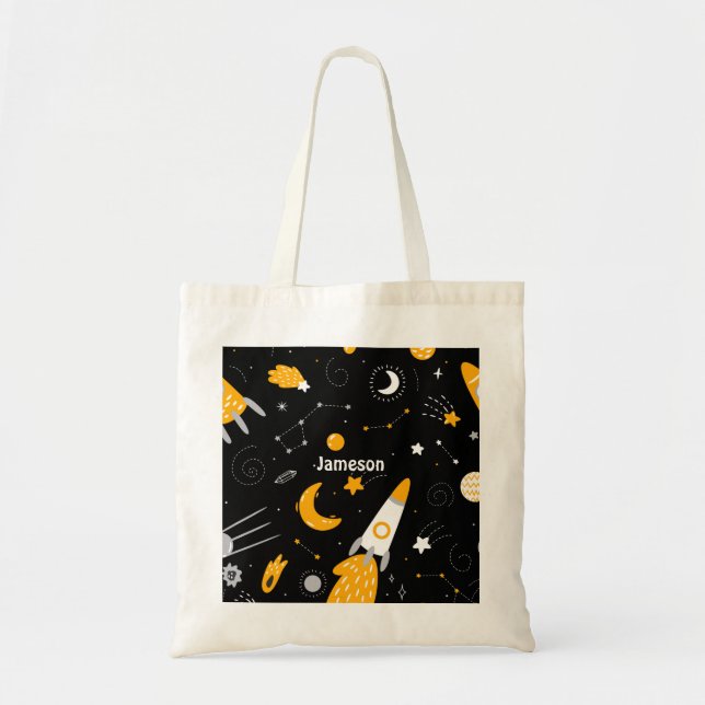 Bolsa Tote Foguete Lua Amarelo Negro Estrelas do Espaço Exter (Frente)