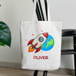 Bolsa Tote Foguete Vermelho Fofo no Espaço