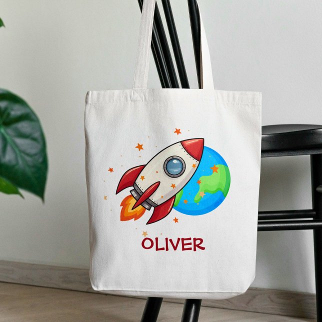 Bolsa Tote Foguete Vermelho Fofo no Espaço (Criador carregado)