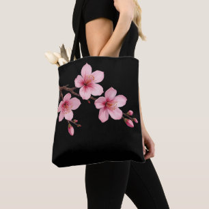 Bolsa Tote Foguetes de cereja de aquarela preto rosa