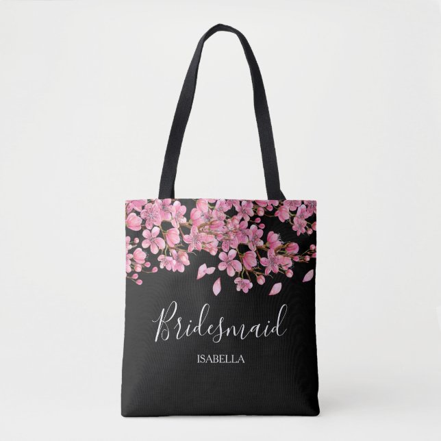 Bolsa Tote Foguetes De Cereja Rosa Em Bridesmaid Negra (Frente)