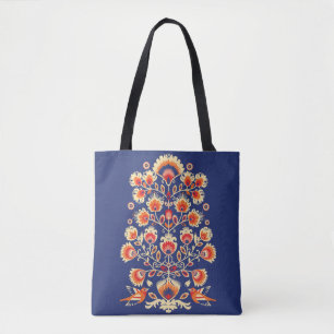 Bolsa Tote 💙 💛 🧡 Folclore com flores e aves amarelas