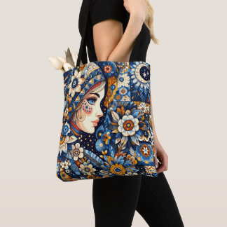 Bolsa Tote Folclore russo Gzhel Bohemian Chic Fashion art