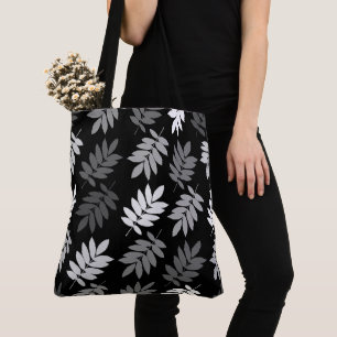 Bolsa Tote Folha de Elder Padrão Grande Preto Branco Cinza