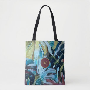 Bolsa Tote Folha de Monstera Azul Moody Botânica com Monogra