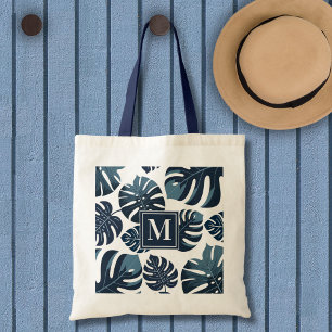 Bolsa Tote Folha de Monstera Tropical marinho Azul e Branco