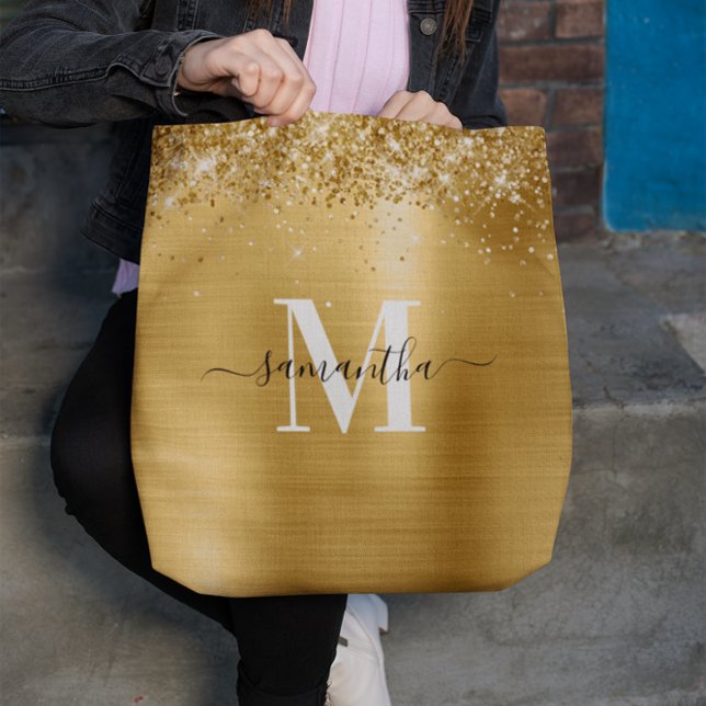 Bolsa Tote Folha De Ouro Glitérica Monograma De Assinatura (Signature Monogrammed Glittery Gold Foil Tote Bag)