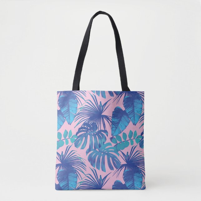 Bolsa Tote Folha de Palma Tropical Rosa Azul (Frente)