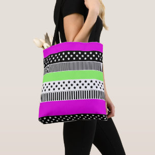 Bolsa Tote Folha de tiras de listras brancas e pretas e neon